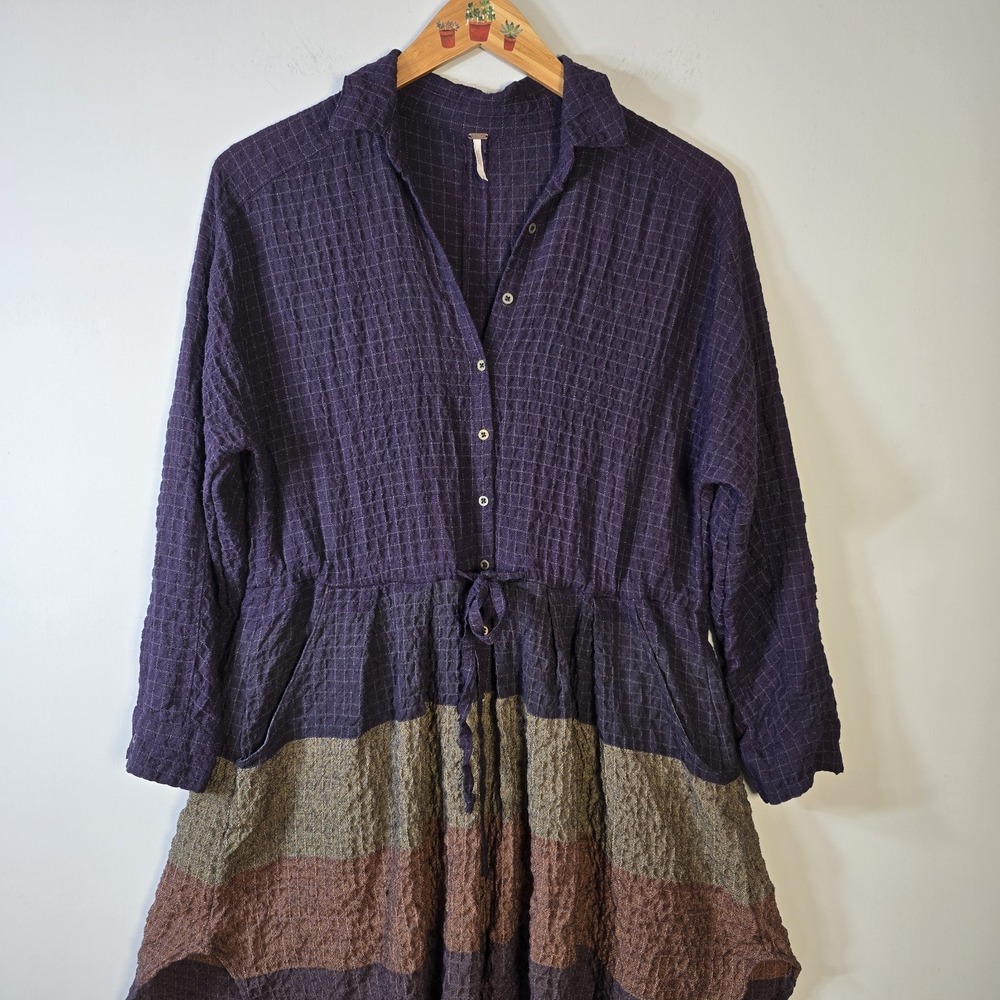 Free People Shirtdress Ray Of Light Size S Dress Purple Stripe Pockets Tie Waist - Picture 2 of 9
